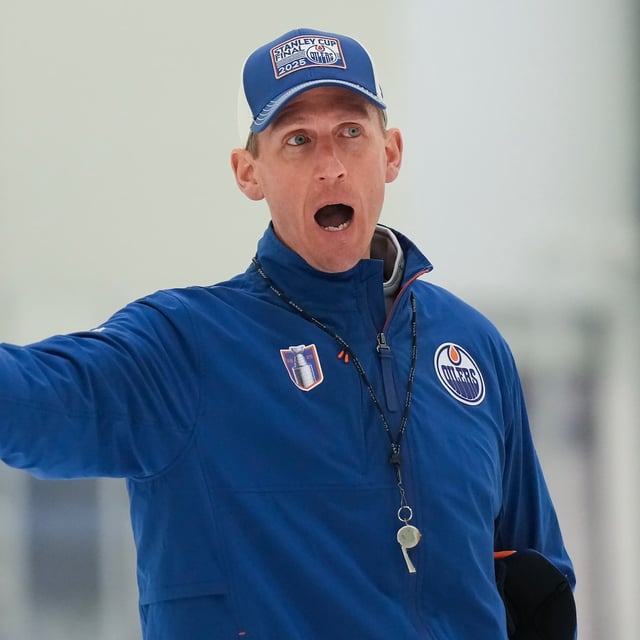Edmonton Oilers head coach Kris Knoblauch yells during practice at the NHL Stanley Cup final in Fort Lauderdale, Fla., on Tuesday, June 10, 2025. THE CANADIAN PRESS/Nathan Denette