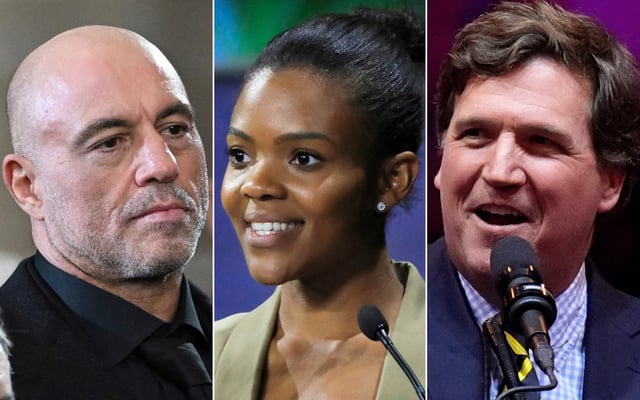 From left, Joe Rogan, Candace Owens and Tucker Carlson. (AP Photos)