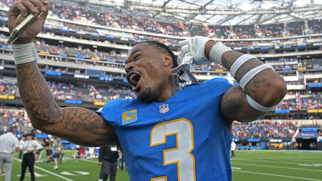 Sep 21, 2025; Inglewood, California, USA; Los Angeles Chargers free safety Derwin James (3) celebrates after defeating the Denver Broncos 23-20 at SoFi Stadium. Mandatory Credit: Jayne Kamin-Oncea-Imagn Images