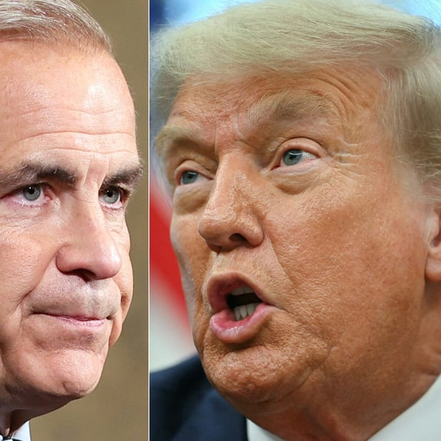 (COMBO) This combination of pictures created on June 30, 2025 shows, L/R, Canadian Prime Minister Mark Carney in Ottawa on May 21, 2025 and US President Donald Trump in the Oval Office of the White House in Washington, DC, on June 27, 2025. The White House said on June 30, 2025, that Canadian Prime Minister Mark Carney had "caved" to President Donald Trump, after Canada dropped a tax on US tech firms that prompted Trump to call off trade talks. (Photo by Dave Chan and ANDREW CABALLERO-REYNOLDS / AFP) (Photo by DAVE CHAN,ANDREW CABALLERO-REYNOLDS/AFP via Getty Images)