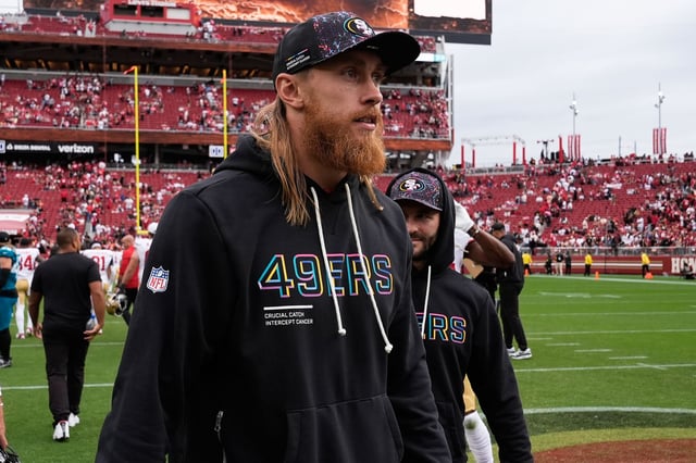 San Francisco 49ers tight end George Kittle wears Crucial Catch gear after an NFL football game against the Jacksonville Jaguars in Santa Clara, Calif., Sunday, Sept. 28, 2025.