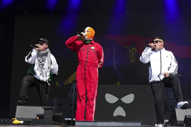 Hip-hop trio Kneecap perform during the Glastonbury Festival in Worthy Farm, Somerset, England, on June 28, 2025. (Scott A Garfitt/Invision/AP)