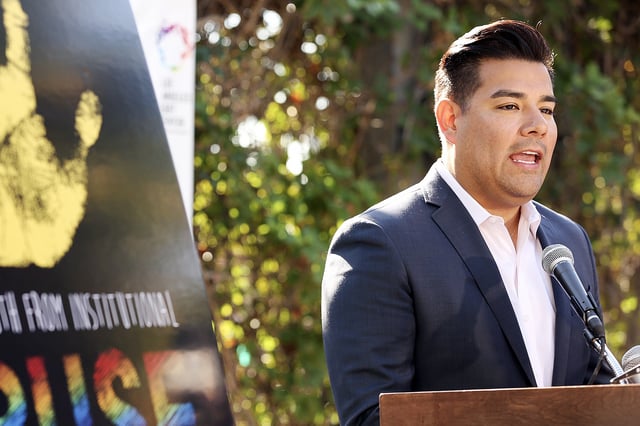 FILE: Ricardo Lara speaks during a press conference at the LA LGBT Center in Los Angeles, Calif.