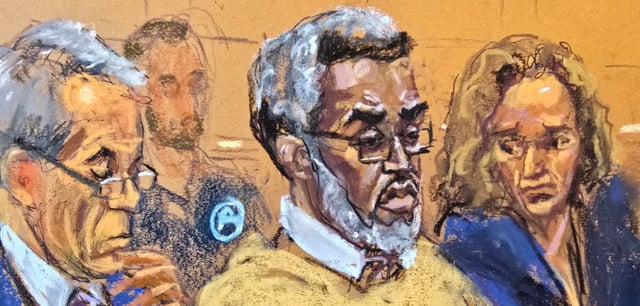 Sean „Diddy“ Combs und seine Anwälte Brian Steel und Alexandra Shapiro bei der Urteilsverkündung am Freitag auf einer Gerichtsskizze