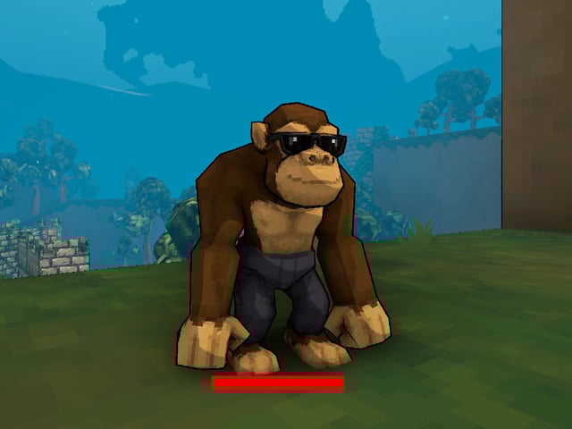 A screenshot of Megabonk from its Steam page. A 3D monkey wearing glasses and a grin on his face stands on a flat grassy texture. In the background the faint image of the rest of the low-res level can be seen.