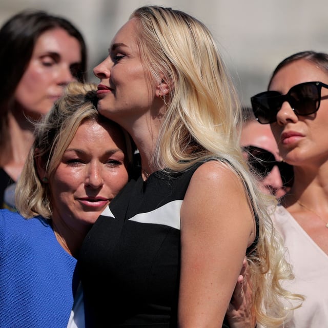 WASHINGTON, DC - SEPTEMBER 03: Survivor Anouska De Georgiou (C) embraces survivor Danielle Bensky (L) as survivor Chauntae Davies looks on during a news conference with alleged victims of disgraced financier and sex trafficker Jeffrey Epstein outside the U.S. Capitol on September 03, 2025 in Washington, DC. (Photo by Chip Somodevilla/Getty Images)
