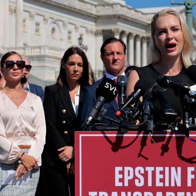 WASHINGTON, DC - SEPTEMBER 03: Survivor Anouska De Georgiou speaks during a news conference with alleged victims of disgraced financier and sex trafficker Jeffrey Epstein outside the U.S. Capitol on September 03, 2025 in Washington, DC. (Photo by Chip Somodevilla/Getty Images)