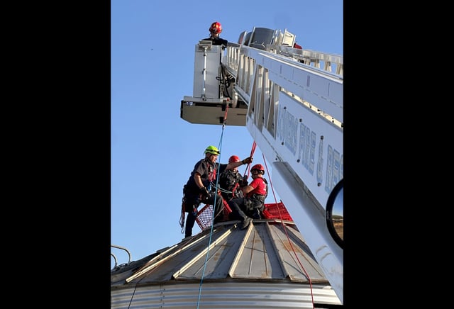 Emergency responders in Kenosha County prepare to rappel into a grain silo to rescue a man trapped inside on Oct. 3, 2025. Photo courtesy of Pleasant Prairie Fire and Rescue