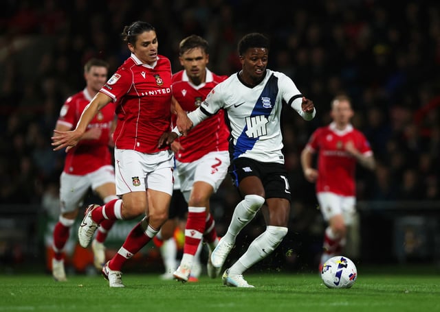 Soccer Football - Championship - Wrexham v Birmingham City - SToK Racecourse, Wrexham, Wales, Britain - October 3, 2025 Birmingham City's Demarai Gray in action with Wrexham's George Dobson Action Images/Craig Brough