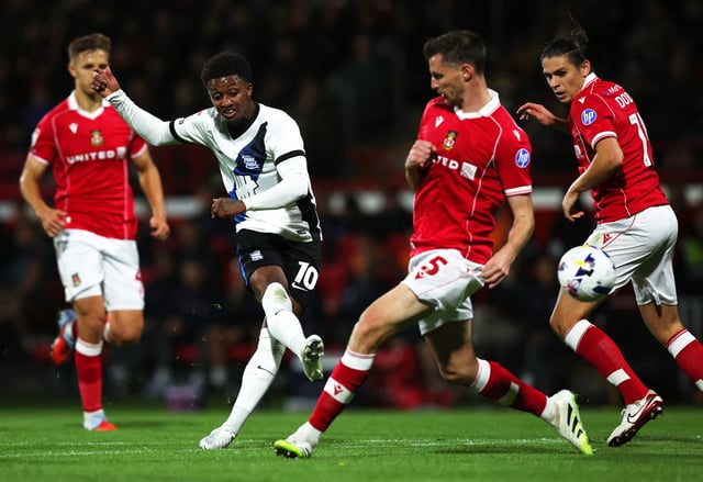 Soccer Football - Championship - Wrexham v Birmingham City - SToK Racecourse, Wrexham, Wales, Britain - October 3, 2025 Birmingham City's Demarai Gray shoots at goal Action Images/Craig Brough