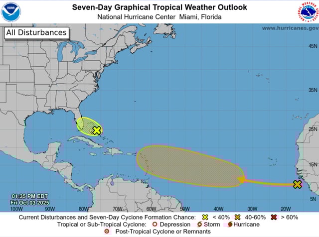 A map from the National Hurricane Center shows two disturbances in the Atlantic.