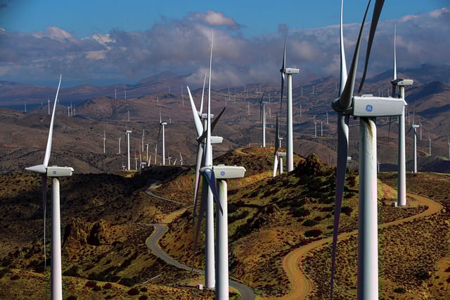 A view of the Los Angeles Department of Water and Power’s wind farm in Kern County’s Tehachapi Mountains on March 23, 2021. The agency is one of many California organizations losing chunks of federal funding under a new Department of Energy cut.