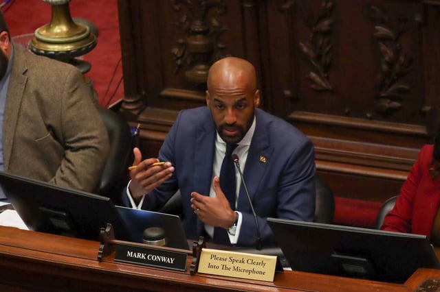 Committee Chair Mark Conway speaks at the City Council’s Public Safety and Government Operations Committee hearing, regarding the Brooklyn mass shooting.
