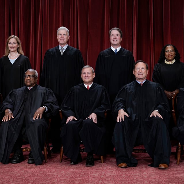 FILE - Members of the Supreme Court sit for a new group portrait following the addition of Associate Justice Ketanji Brown Jackson, at the Supreme Court building in Washington, Oct. 7, 2022. (AP Photo/J. Scott Applewhite, File)