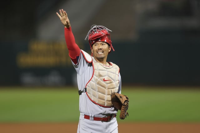 FILE: Catcher Kurt Suzuki of the Los Angeles Angels acknowledges the fans as he exits the game after the first pitch in the bottom of the first inning against the Oakland Athletics at RingCentral Coliseum on Oct. 4, 2022, in Oakland, Calif.