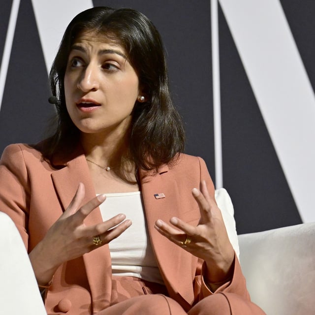 NEW YORK, NEW YORK - SEPTEMBER 19: Lina Khan speaks onstage during the Fast Company Innovation Festival 2024 at BMCC Tribeca PAC on September 19, 2024 in New York City. (Photo by Eugene Gologursky/Getty Images for Fast Company)