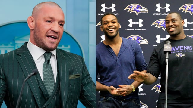Conor McGregor speaks at a White House press briefing, opposite Jon Jones with his brother Arthur. Credit: Rob Carr/Getty Images/Chip Somodevilla/Getty Images
