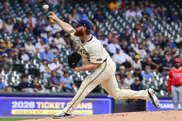 Sep 17, 2025; Milwaukee, Wisconsin, USA; Milwaukee Brewers starting pitcher Brandon Woodruff (53) throws against the Los Angeles Angels in the first inning at American Family Field. Mandatory Credit: Benny Sieu-Imagn Images/ File Photo