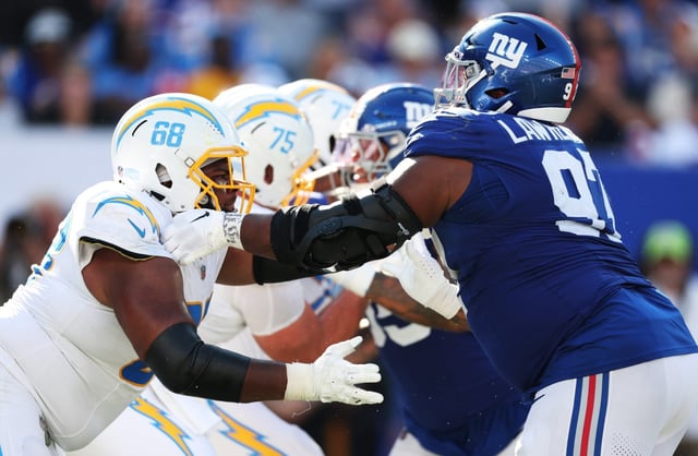 Due to injuries, the Chargers’ offensive line might look different Sunday against the Washington Commanders at SoFi Stadium than it did  last weekend against the New York Giants. (Photo by Al Bello/Getty Images)