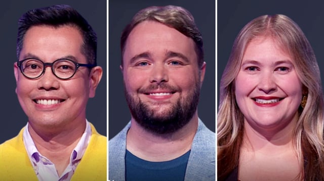 'Jeopardy!' season 42 contestants Roberto Carabeo, TJ Fisher, and Ellie Baker, on October 3, 2025