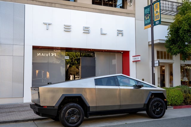 A Cybertruck is parked outside a Tesla store in Walnut Creek, Calif., on Aug. 25, 2025. 