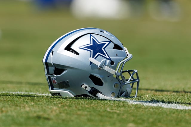 OXNARD, CALIFORNIA - AUGUST 5: A detail view of a Dallas Cowboys helmet on the field during the joint practice against the Los Angeles Rams at Staybridge Suites Oxnard on August 5, 2025 in Oxnard, California. (Photo by Ric Tapia/Getty Images)