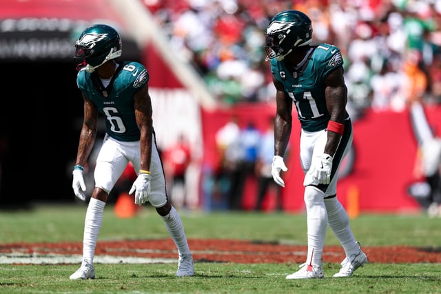 TAMPA, FLORIDA - SEPTEMBER 28: Devonta Smith #6 and AJ. Brown #11 of the Philadelphia Eagles line up before a play during an NFL football game against the Tampa Bay Buccaneers at Raymond James Stadium on September 28, 2025 in Tampa, Florida. (Photo by Kevin Sabitus/Getty Images)