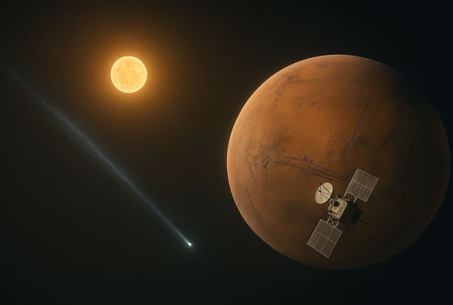 El cometa interestelar 3I/ATLAS sigue su viaje por nuestro Sistema Solar. El 3 de octubre tuvo su máxima aproximación a Marte, donde las misiones interplanetarias de ESA le siguen el rastro. (Foto: Imagen creada por El Comercio MAG usando la IA de Copilot)