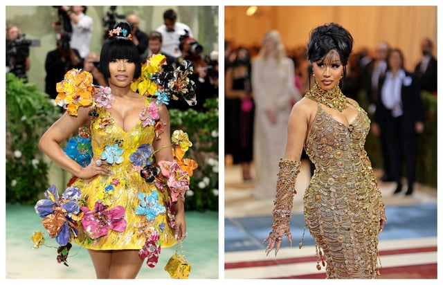 Left: Nicki Minaj (Photo by Dimitrios Kambouris/Getty Images for The Met Museum/Vogue) Right Cardi B (Photo by Dimitrios Kambouris/Getty Images for The Met Museum/Vogue)