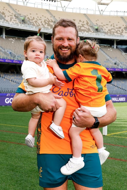 James Slipper of the Wallabies with his family during a Wallabies captain's run at Optus Stadium on Friday.