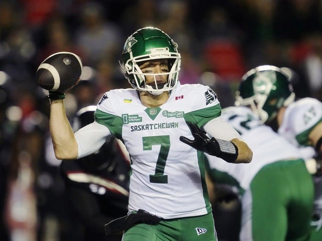 Saskatchewan Roughriders quarterback Trevor Harris (7) attempts a pass against the Ottawa Redblacks during first half CFL action in Ottawa on Friday, Oct. 3, 2025.