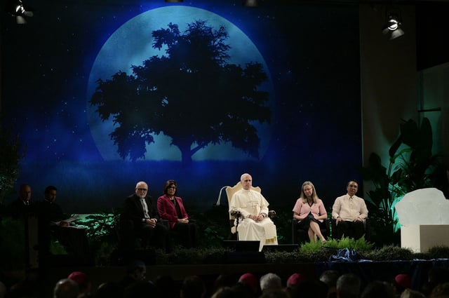 Pope Leo XIV attends the International Conference "Raising Hope for Climate Justice" on the occasion of the 10th Anniversary of the Encyclical Laudato Si' at Mariapolis Center in Castel Gandolfo on October 01, 2025. (