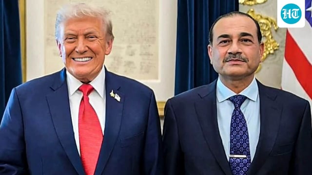 US President Donald Trump during a meeting with Pakistan Prime Minister Shehbaz Sharif (not in pic) and Field Marshal Asim Munir at the White House, in Washington DC,