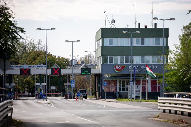 A general view of the entrance of MOL's Danube refinery which produces fuel from Russian crude oil in Százhalombatta, Hungary, on Sept. 27, 2025. (AP Photo/Denes Erdos)