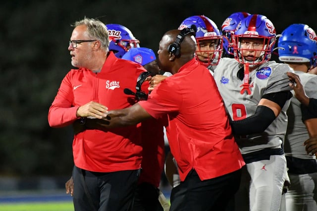 Serra football head coach Scott Altenberg and players react after Sierra Canyon offensive players fell to the turf in unison at the end the third quarter during a game in Chatsworth on Friday, Oct. 3, 2025.(Photo by Andy Holzman, Contributing Photographer)