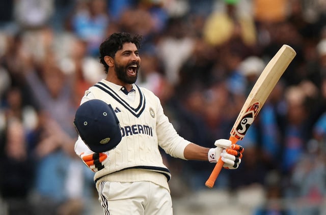 Cricket - International Test Match Series - Fourth Test - England v India - Old Trafford Cricket Ground, Manchester, Britain - July 27, 2025 India's Ravindra Jadeja celebrates after reaching his century Action Images via Reuters/Lee Smith