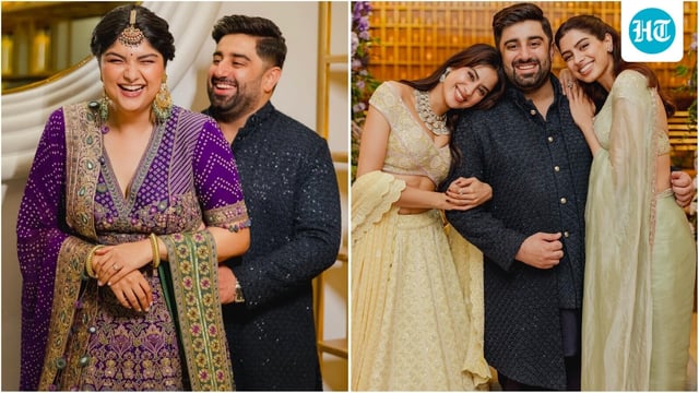 Anshula Kapoor shines in purple Bandhani lehenga for her engagement festivities. 