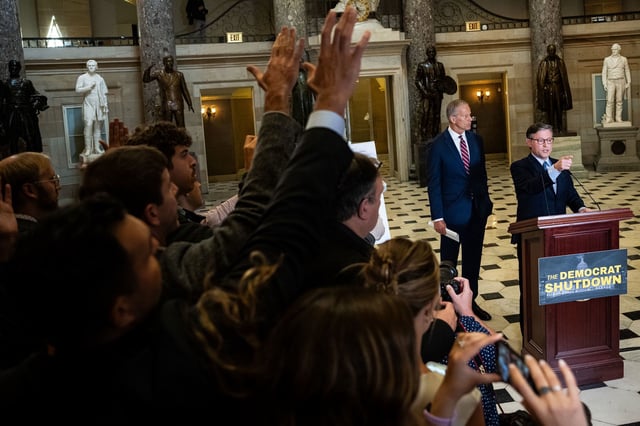 Senate Majority Leader John Thune and House Speaker Mike Johnson, during a news conference in Statuary Hall at the US Capitol on Friday.
