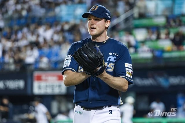 NC Dinos starter Riley Thompson celebrates after retiring a batter during a Korea Baseball Organization regular-season game against the Doosan Bears at Jamsil Baseball Stadium in Seoul on Sept. 26, 2025, in this file photo provided by the Dinos. (PHOTO NOT FOR SALE) (Yonhap)