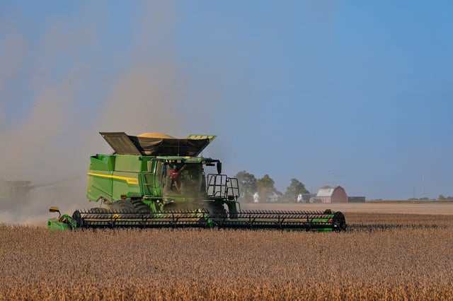 Soybeans are harvested on the Warpup Farm in Warren, Ind., on Sept. 17, 2025. 