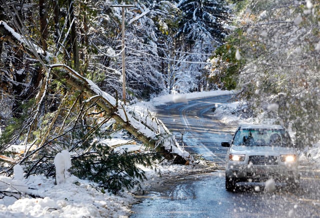 A car drives around a tree that has fallen across some power lines in Pelham, Mass., Sunday, Oct. 30, 2011. Millions of people in the U.S. Northeast were without power as an unseasonably early storm dumped heavy, wet snow over the weekend on a region more used to gaping at leaves in October than shoveling snow. (AP Photo/Michael Dwyer)