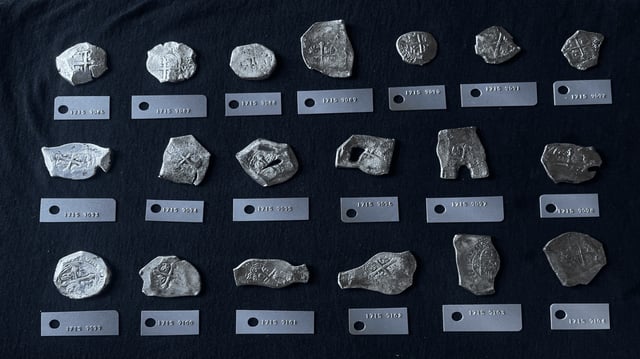 A selection of silver coins recovered from Plate Fleet off Treasure Coast of Florida 