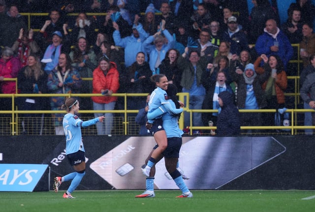 Soccer Football - Women's Super League - Manchester City v Arsenal - Manchester City Academy Stadium, Manchester, Britain - October 4, 2025 Manchester City's Iman Beney celebrates scoring their third goal with Khadija Shaw Action Images via Reuters/Craig Brough