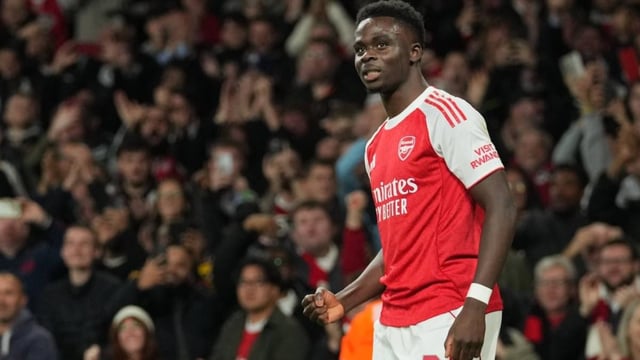 Bukayo Saka during Arsenal's previous UCL clash against Olympiacos