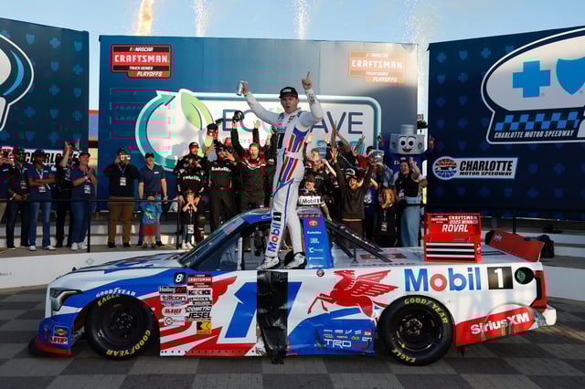 Corey Heim celebrates his 10th NASCAR CRAFTSMAN Truck Series win of 2025 in Friday's Ecosave 250 at Charlotte Motor Speedway. (HHP/Harold Hinson photo)