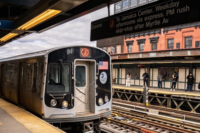 A J train is pictured at the Marcy Avenue / Broadway station subway stop in Brooklyn. (Theodore Parisienne for New York Daily News)