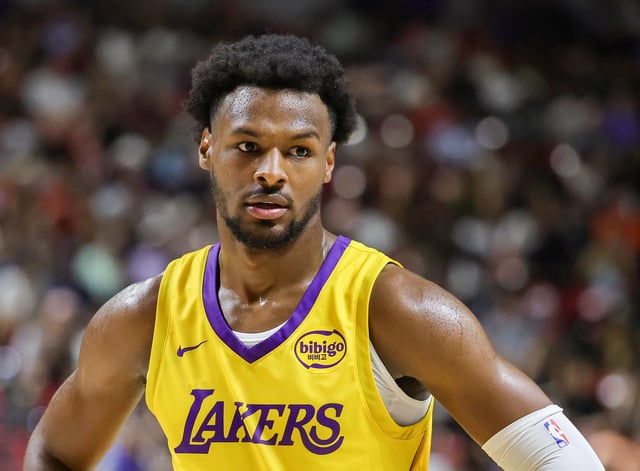 Bronny James #9 of the Los Angeles Lakers stands on the court during a break in the second half of a 2025 NBA Summer League game against the Dallas Mavericks at the Thomas & Mack Center on July 10, 2025 in Las Vegas, Nevada.