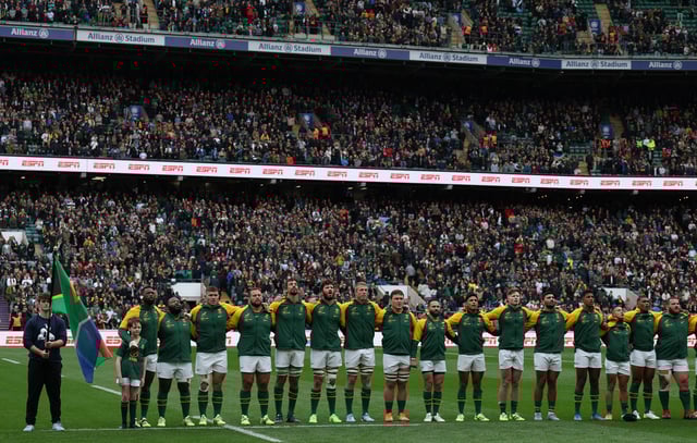 Rugby - Rugby Championship - Argentina v South Africa - Allianz Stadium, Twickenham, London, Britain - October 4, 2025 General view as South Africa players line up during the national anthems before the match Action Images via Reuters/Paul Childs