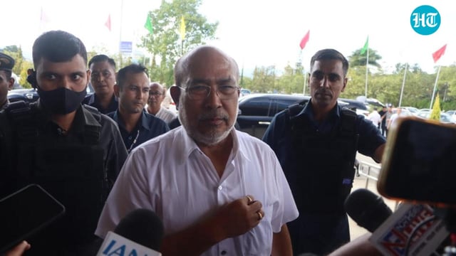 Former Manipur chief minister N Biren Singh speaks to media persons at Bir Tikendrajit International airport.