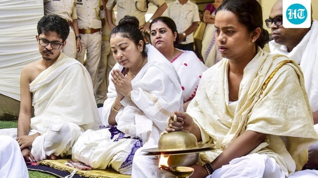 Garima Saikia Garg, wife of late singer Zubeen Garg, with family members and relatives during 'Adya Shraddha', the first funeral rituals, in Guwahati.